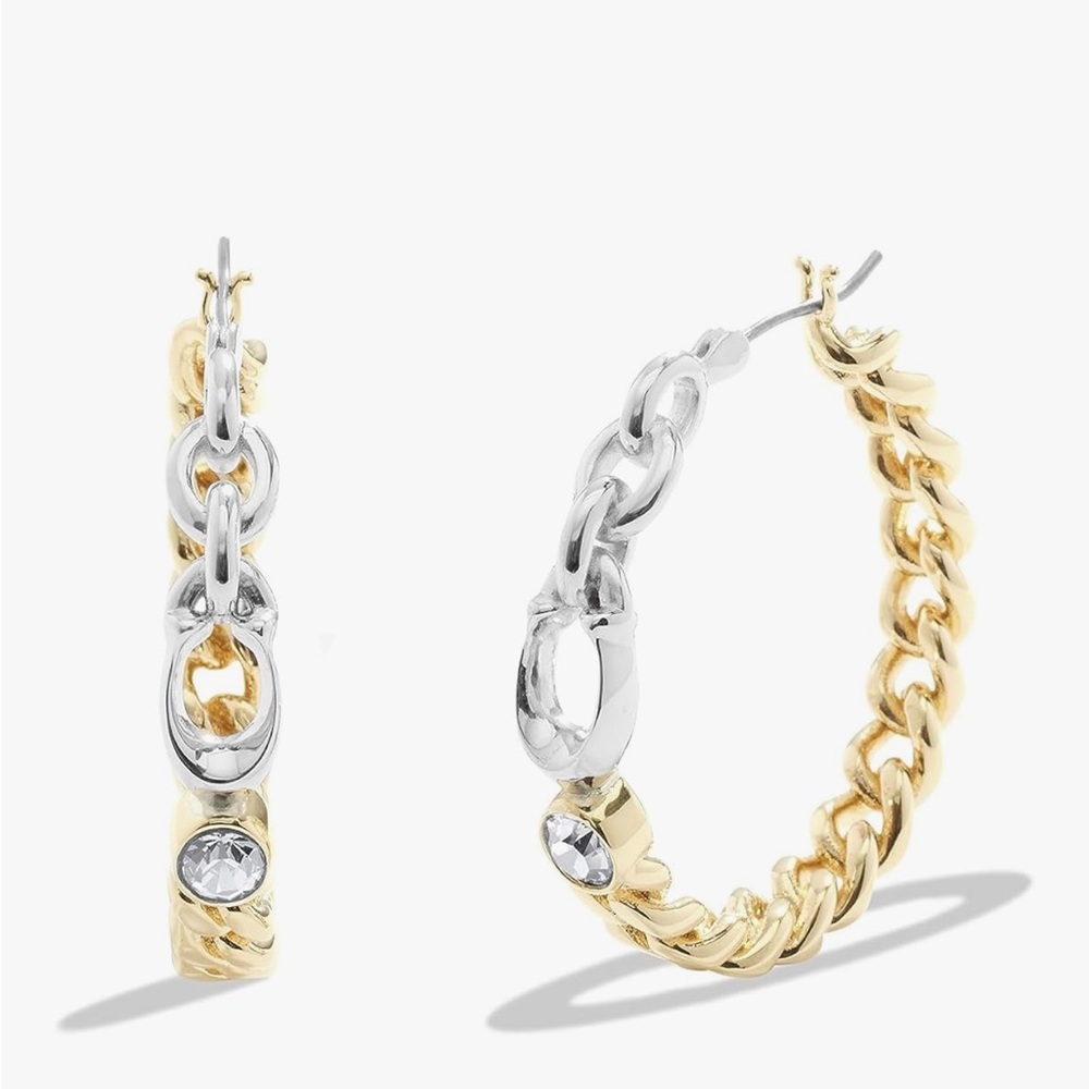 Coach Gold and Silver Chain-Link Hoop Earrings